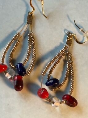 Vintage Beaded Drop Earrings with Red and Navy Accent Beads